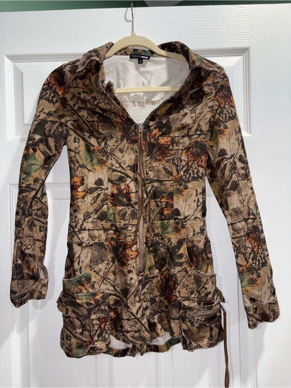 Fashion Nova Camouflage Zip-Front Utility romper - Brown/Green/Black